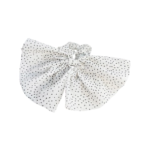 French vintage floral bow scrunchie with black star pattern on light white chiffon fabric