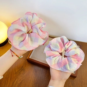French minimalist plaid seersucker scrunchie set in pastel pink and lavender hues