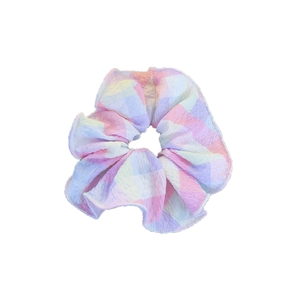 French style pastel oversized scrunchie with seersucker texture and colorful plaid pattern