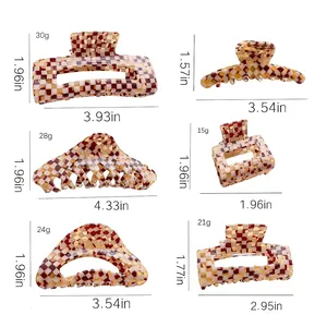 Size chart showing dimensions for minimalist checkered acetate hair claw clips