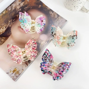 Chinese Style Hollow Double Layer Butterfly Hair Claw Clip For Women Sweet Floral Ink Pattern Plastic Hair Accessories