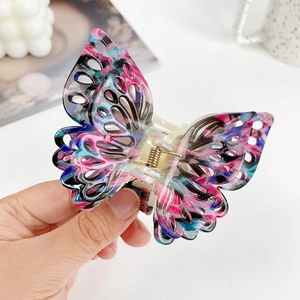 Exquisite ink painting butterfly hair claw with vibrant pink and blue marble textures