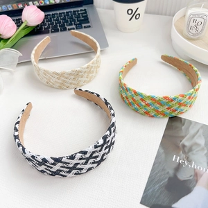 Serre-Tête Damier en Peluche Tissé Bohème Pour Femmes Élégant Bandeau Large Rembourré Accessoires de Coiffure Style Vacances