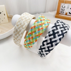 Serre-tête tressé à carreaux dopamine en blanc crème et motifs tissés colorés variés