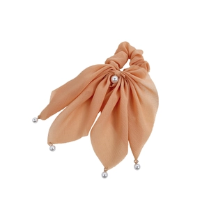 Chouchou élégant en mousseline pêche avec perles et ruban à haute élasticité pour femme