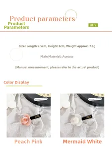 Detail view of acetate flower hair clips in peach pink and mermaid white with dimensions