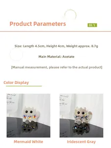 Detailed size chart showing cute cat-shaped acetic acid hair clips with rhinestone heart
