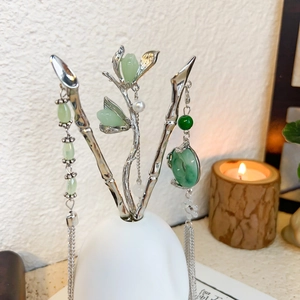 Vintage Chinese Style Bamboo Alloy Hairpin Long Tassel Faux Jade Pendant Flower Hair Stick Elegant Jewelry For Women