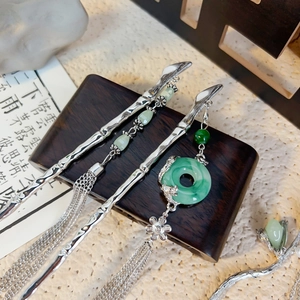Elegant bamboo joint silver alloy hair sticks with green jade tassels and pingan buckle