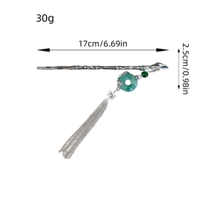 Bamboo style silver metal hair pin with green jade pendant and long white tassels