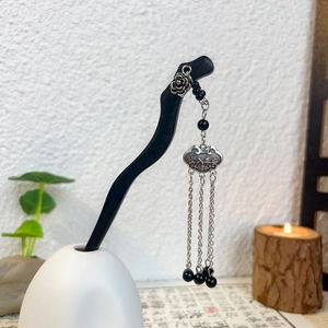 Elegant wooden hair stick with silver flower pendant and Ruyi lock tassel in vintage style