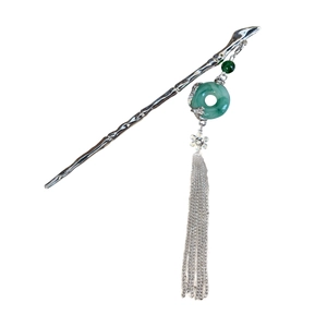 Elegant silver bamboo hair stick with green jade donut pendant and silver tassel