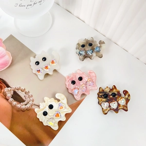 Cute Cat Shape Acetate Hair Clip With Heart Rhinestones Colorful Marbled Animal Pattern Hairpin For Women Girls Daily Accessory