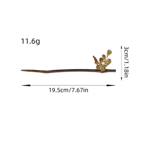 Elegant Chinese style wooden hair stick with gold flowers and pearls, 19.5cm length
