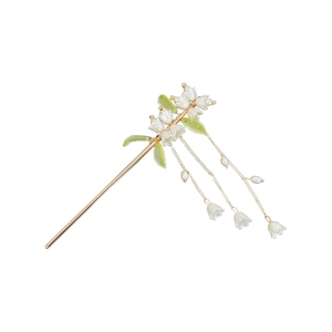 Elegante fermaglio per capelli mughetto con asta in metallo dorato e nappe di perle