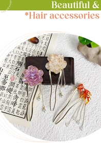 Detailed view of U-shaped hairpins with peony flowers and koi fish tassels in retro style