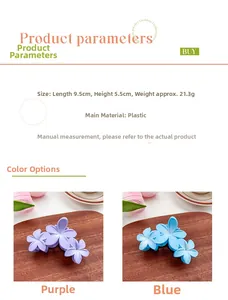 Détails de la pince à cheveux fleur de couleur bonbon montrant la taille 9,5 cm et le fini mat