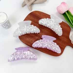 Large Acetate Acrylic Hair Claw Clip With Artificial Pearl Flowers And Rhinestones Elegant French Style Shark Clip Accessory For Women