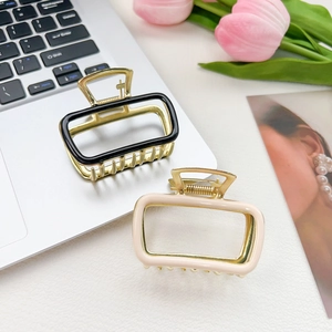 Elegant square hollow metal hair claws in black and pink enamel finish for women