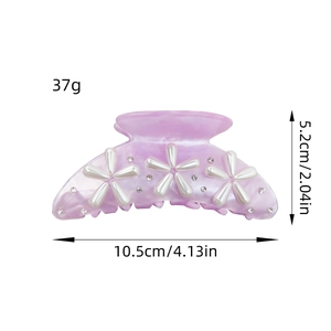 Pink marble acrylic hair claw clip with white pearl flowers and rhinestones 10.5cm