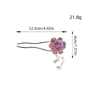Elegant purple peony hair pin with long gold tassels and pearls for formal updos