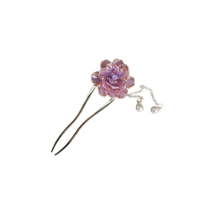 Elegant purple peony hair pin with white pearl tassels and golden metal floral detail