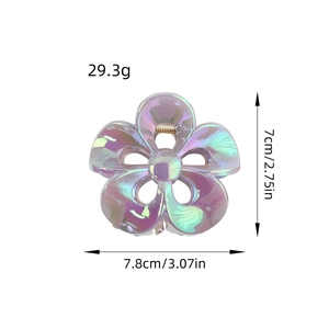 Holographic frangipani hair claw clip with colorful floral design, size 7.8cm x 7cm