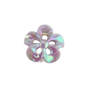 Iridescent purple plumeria hair claw clip with cutout petals and gold spring