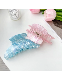 Détails de pinces à cheveux nacrées bleues et roses avec motif à carreaux sur fond blanc