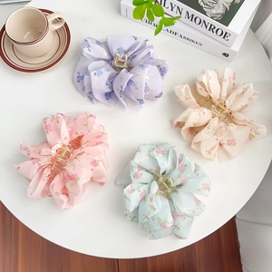 Sweet Floral Fabric Bow Hair Claw Clip Large Chiffon Rose Pattern Embroidery Shark Clip Plastic Hair Clamp Women Accessories