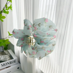 Floral print chiffon bow hair claw clip in light blue with elegant pink rose embroidery