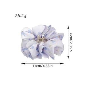 Floral print cloth bow hair claw clip in lavender with size and weight measurements