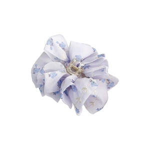 Floral print satin bow claw clip in light purple with powerful transparent hair grip