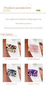 Detailed size specifications and four colors of acetate hair claws for women