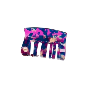 Minimalist square acetate hair claw clip with vibrant purple and pink tortoiseshell pattern