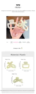 Detailed view of square hollow and bow hair clips with dimensions and plastic material