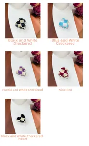 Detailed close-up of checkerboard hair claw clips in various colors and heart shapes