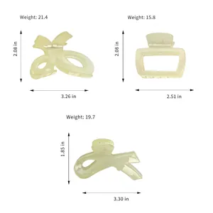 Three-piece set of beige square hair claw clips showing dimensions and sizes for women