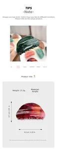 Detailed size view of acrylic hair claw clips with marble pattern at 8.2cm and 21.3g