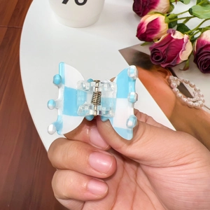 Chic blue and white checkerboard butterfly hair claw clip for girls and women