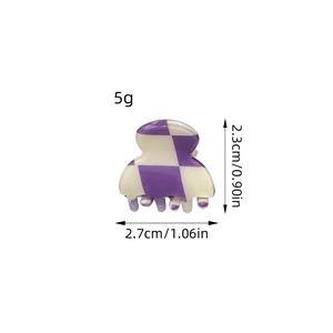 Mini checkered hair claw clip in purple and beige, compact size for styling