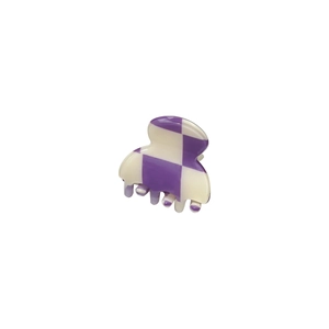 Mini checkerboard hair claw clip in purple and cream acrylic with a high-gloss finish