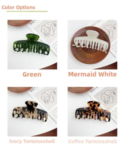 Close-up of four colors: green, pearlescent white, and tortoiseshell acetate hair claws