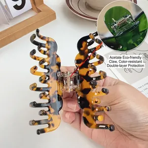 Elegant tortoiseshell acetate hair claw clip with double-layer protective metal spring