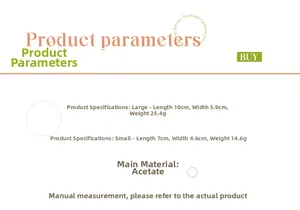 Detailed size chart for large and small acetate hair claws with dimensions and weight info