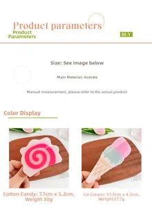 Detail view of acetate marshmallow and ice cream hair clips with exact dimensions