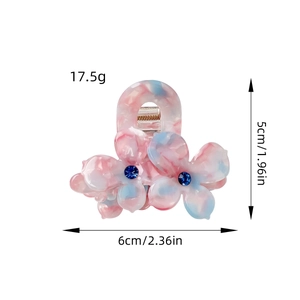 Pince à cheveux fleur en acétate marbré rose et bleu avec strass, taille 6cm, 17,5g
