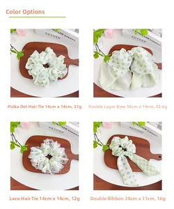 Detailed size and weight chart for green polka dot and plaid chiffon hair accessories