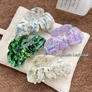 Large Acetate Monstera Leaf Hair Claw Clip For Women Elegant Marble Texture Shark Hair Clamp Daily Hair Accessories