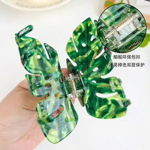 Elegant large green leaf acetate hair claw clip with turtle leaf shape for women hair styling